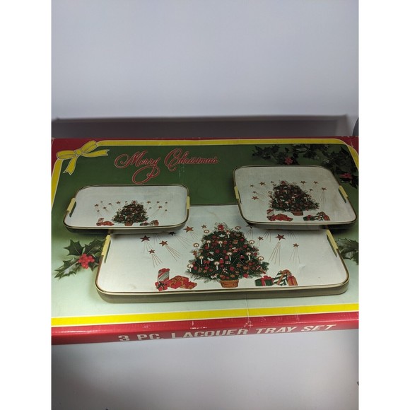 Unbranded Other - VTG 3 Pc Lacquered Merry Christmas Nesting Trays Hand Decorated w/ box Japan